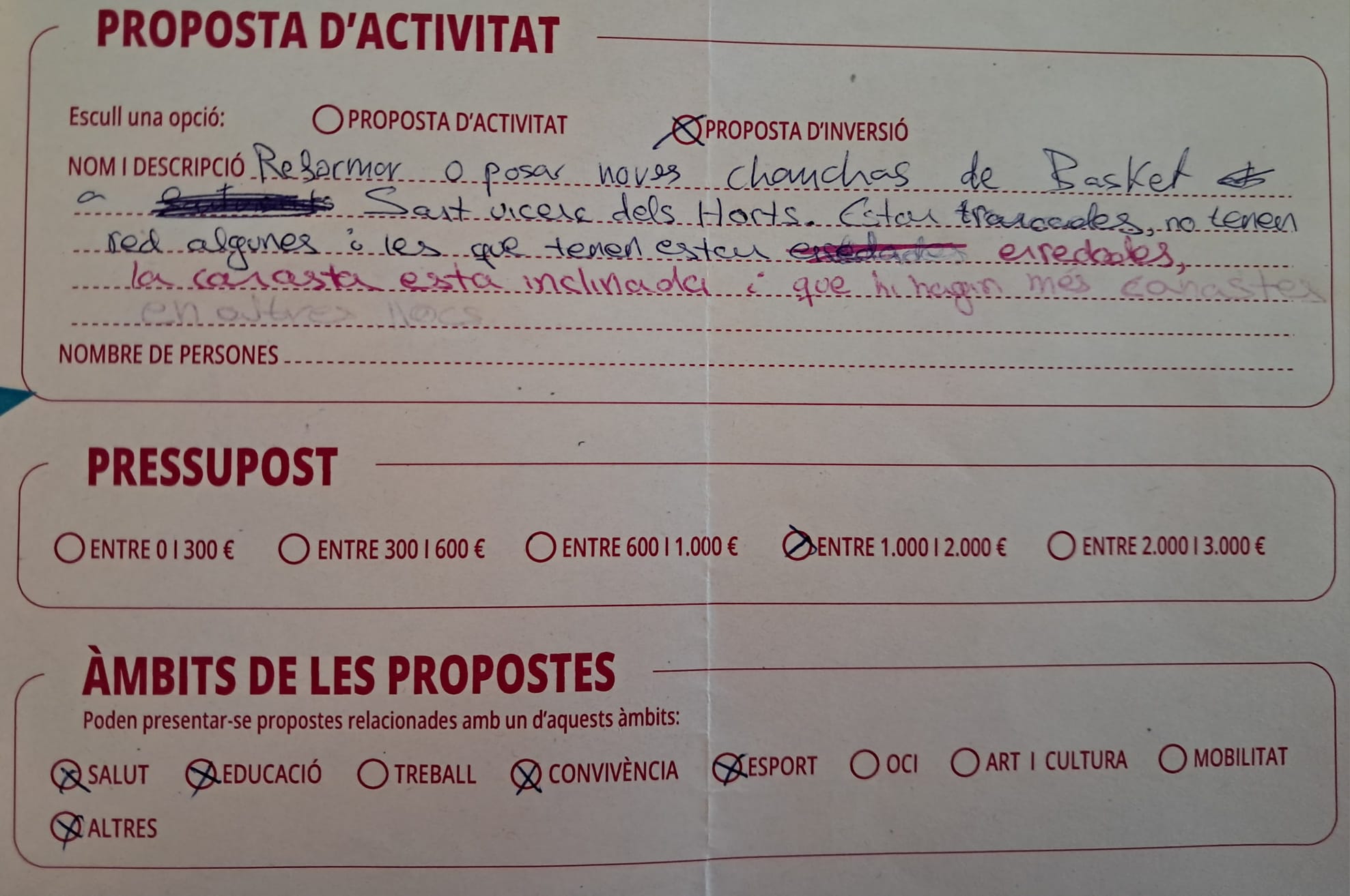 Imatge pels mitjans: Reformar o posar noves canches de bàsquet (Proposta recollida en butlleta de paper)