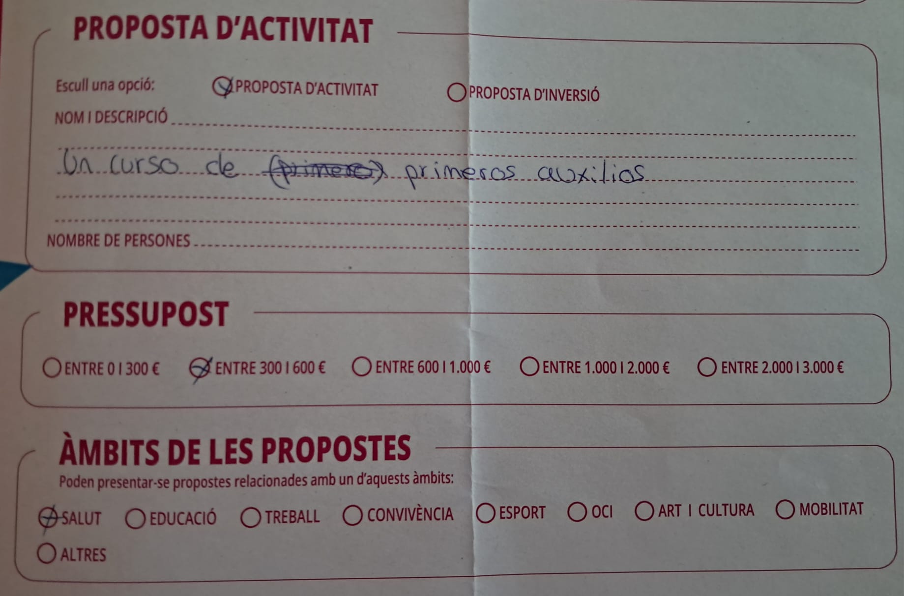 Imatge pels mitjans: Curs de primers auxilis (Proposta recollida en butlleta de paper)