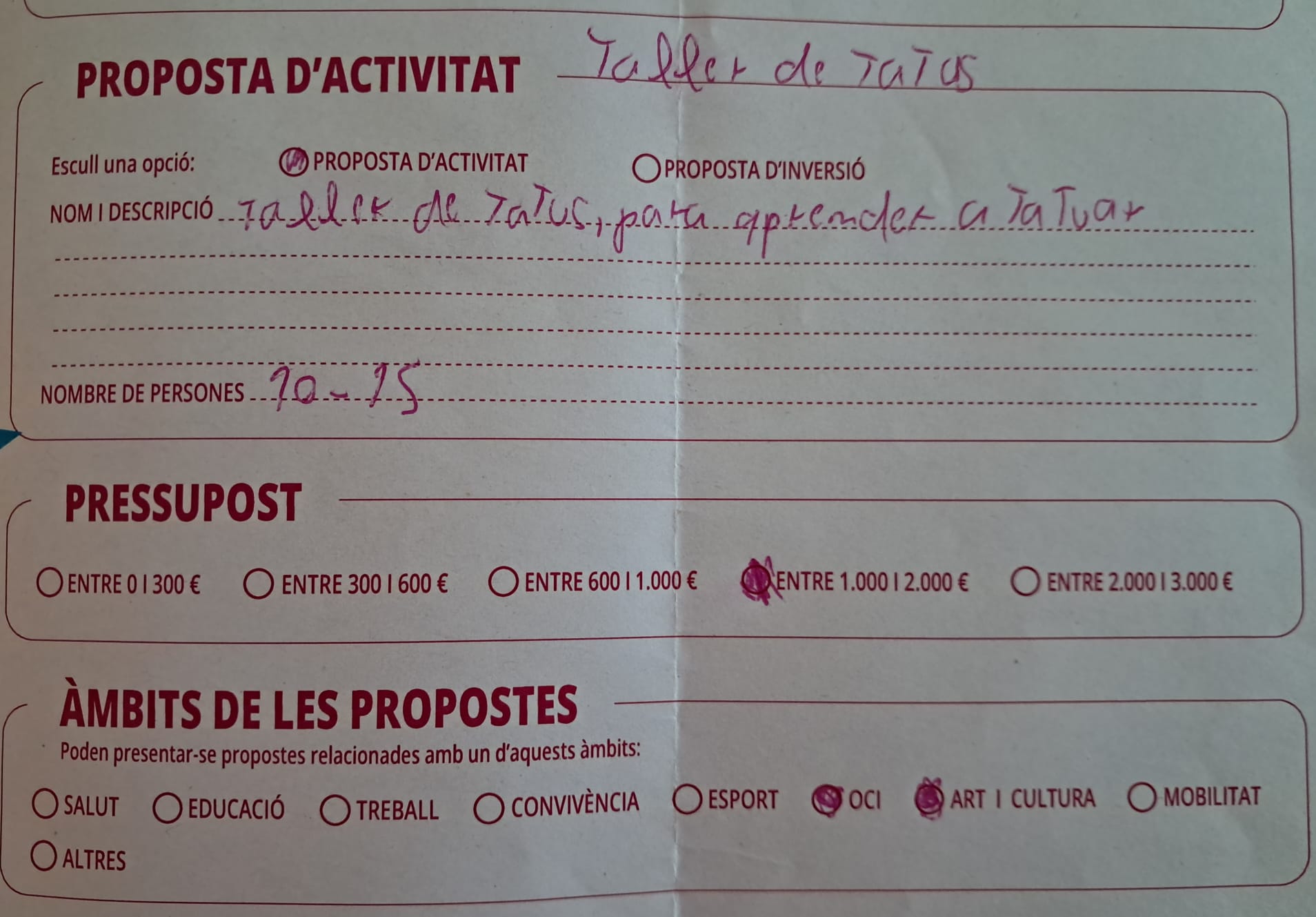 Imatge pels mitjans: Taller de tatus (Proposta recollida en butlleta de paper)