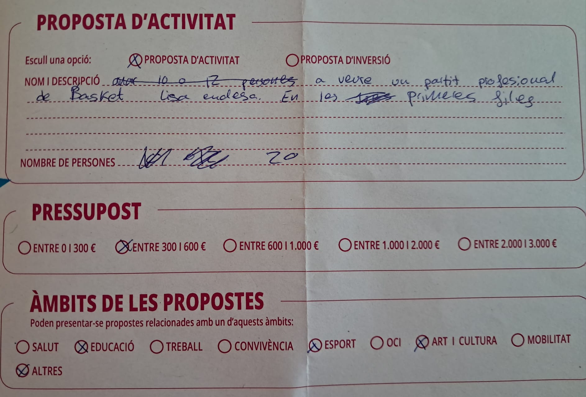 Imagen para los medios: Anar a veure un partit de bàsquet professional (Proposta recollida en butlleta de paper)